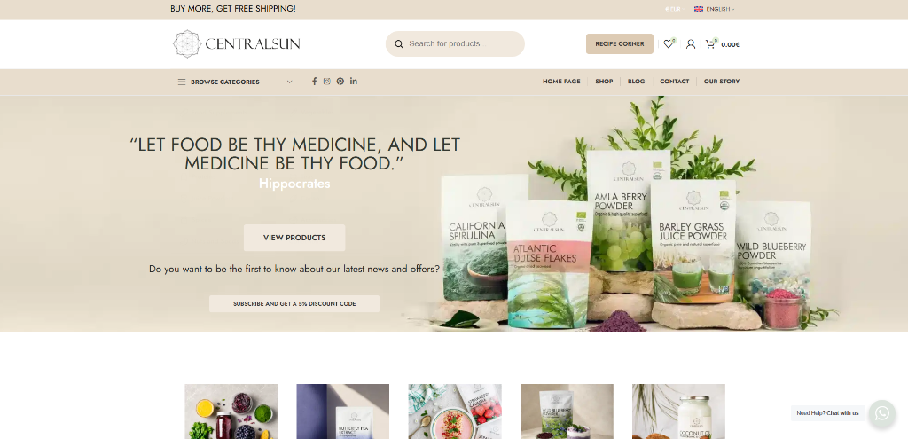 Centralsun official e-commerce storefront showcasing wild freeze-dried blueberry powder, barley grass juice, spirulina, and organic superfoods catalog